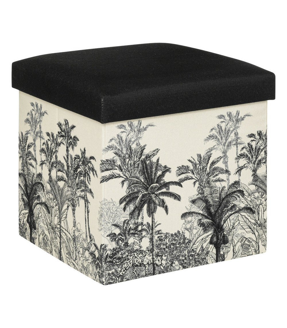 Pouf et coffre de rangement en bois et tissu imprimé noir & blanc 38 x 38 cm