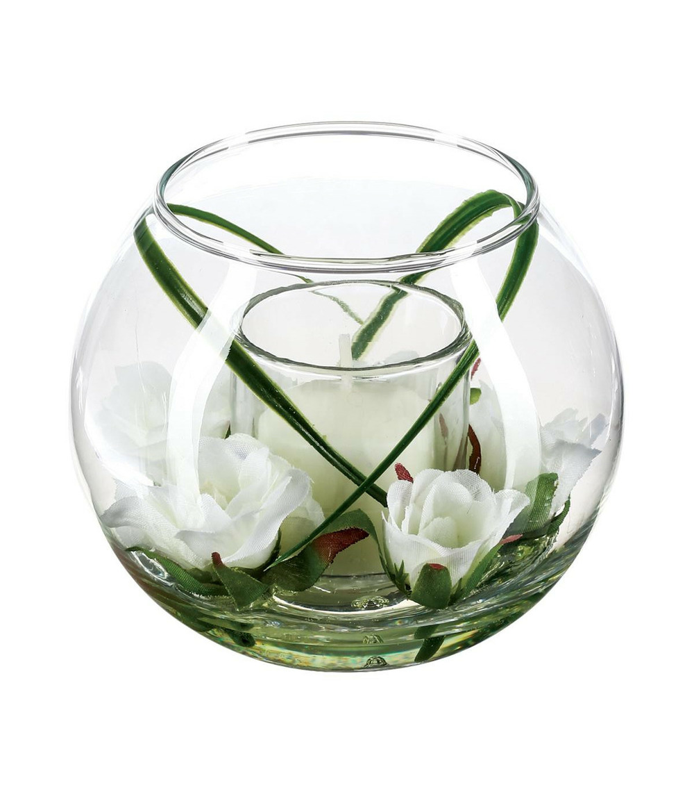 Composition florale artificielle vase en verre d. 12 x p. 10 cm