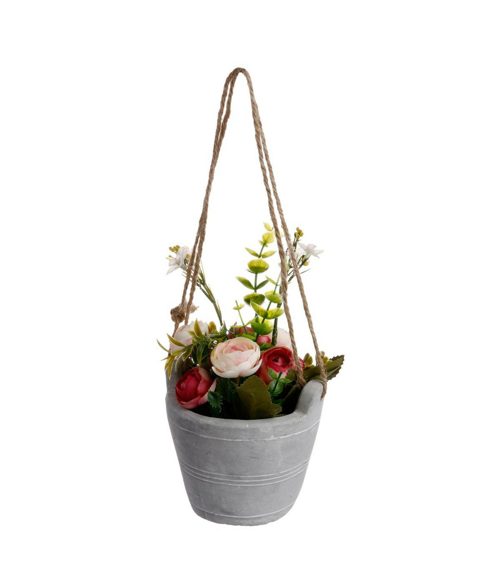 Composition artificielle de roses dans un pot en ciment à suspendre h 20 cm