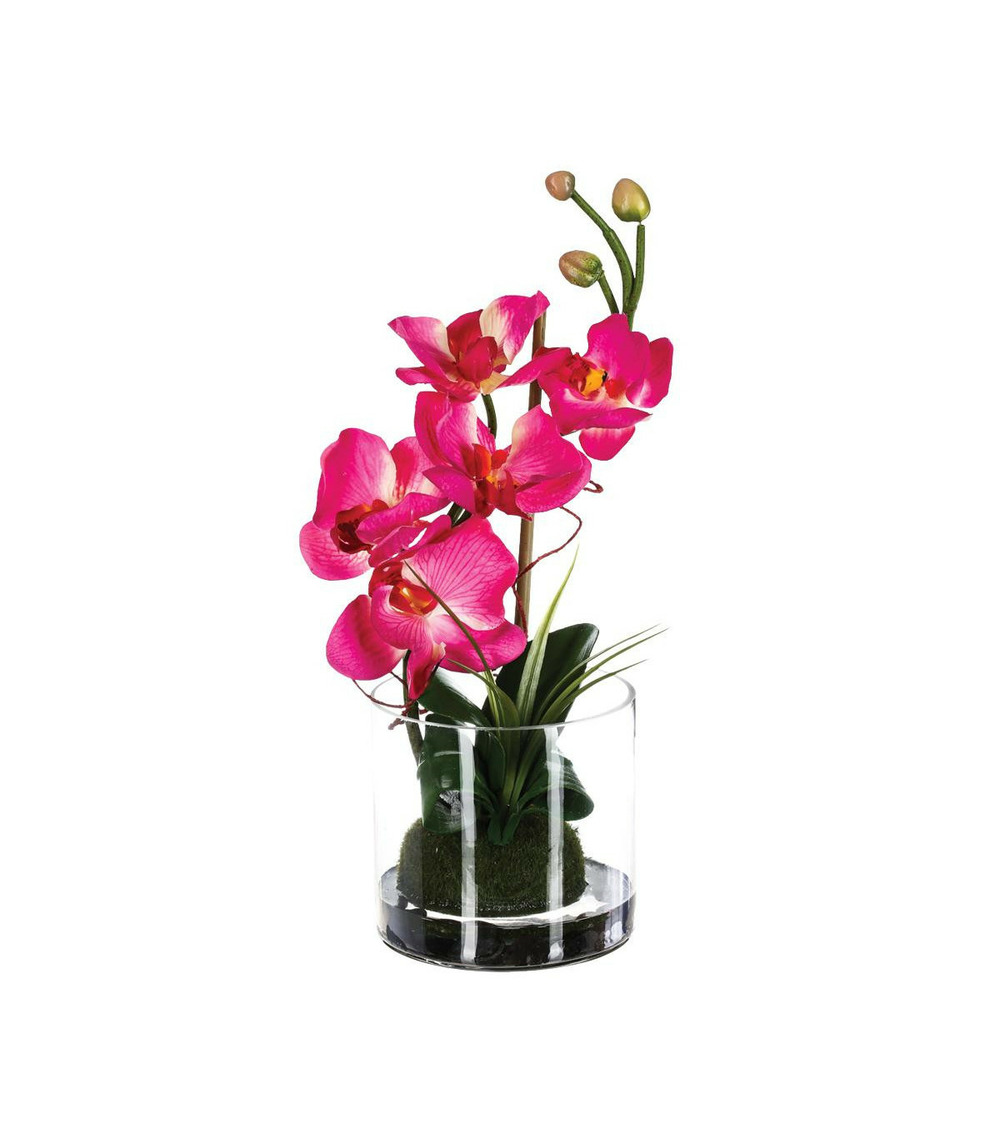 Composition florale d'orchidées artificielles vase en verre d. 18 x h. 35 cm