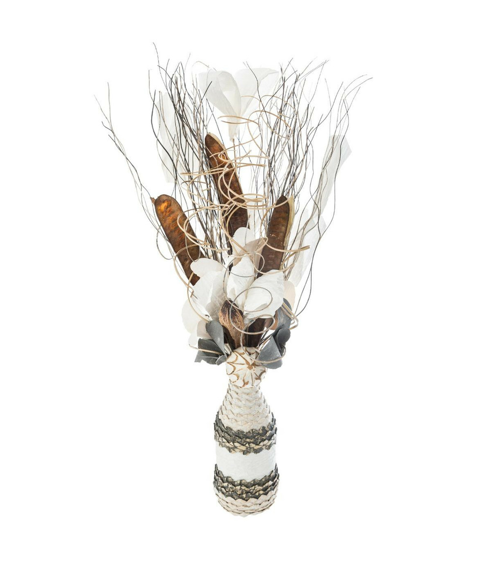 Composition florale artificielle vase verre et osier h 50 cm