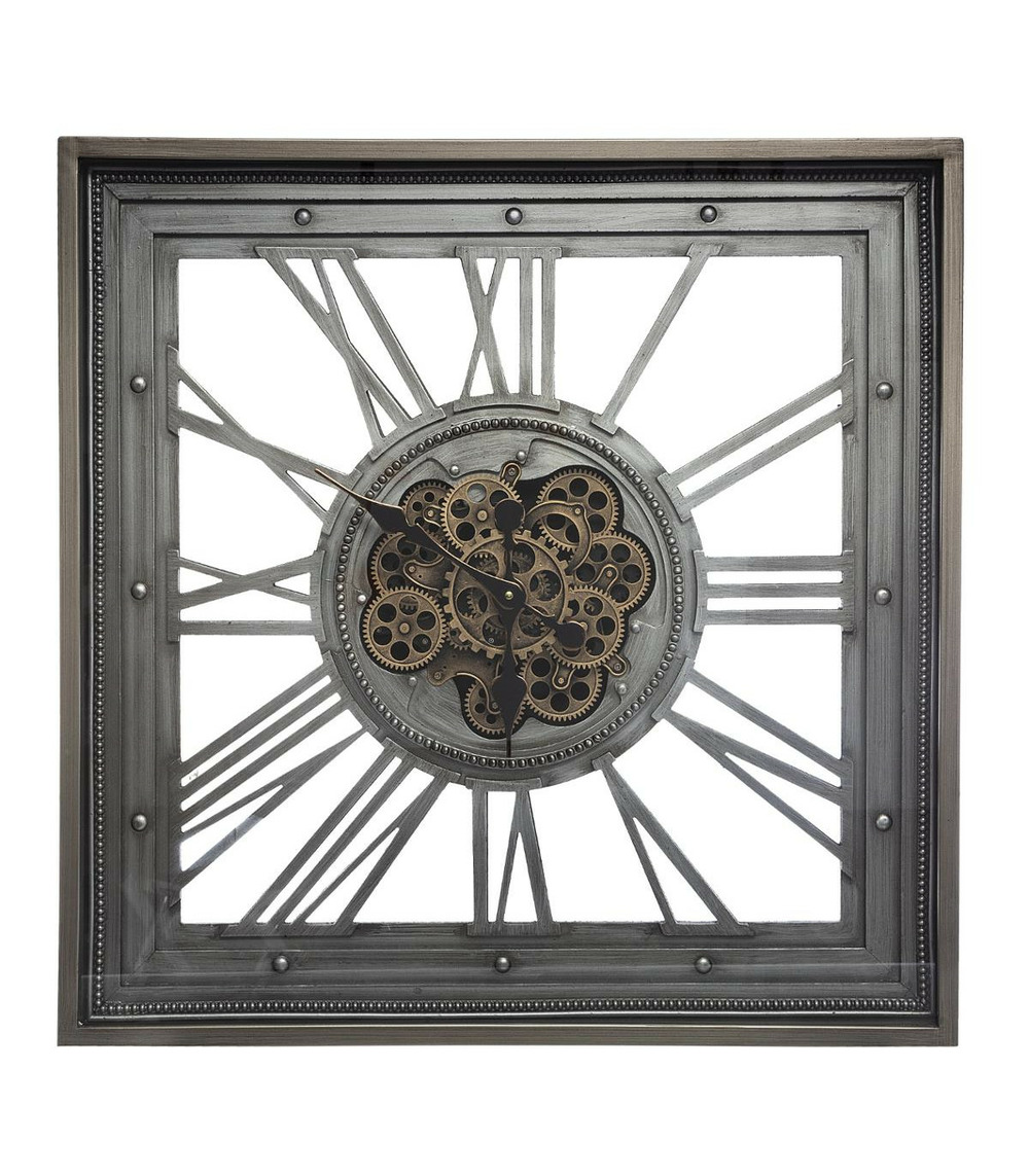 Pendule murale en métal gris avec mécanisme apparent 80 x 80 cm