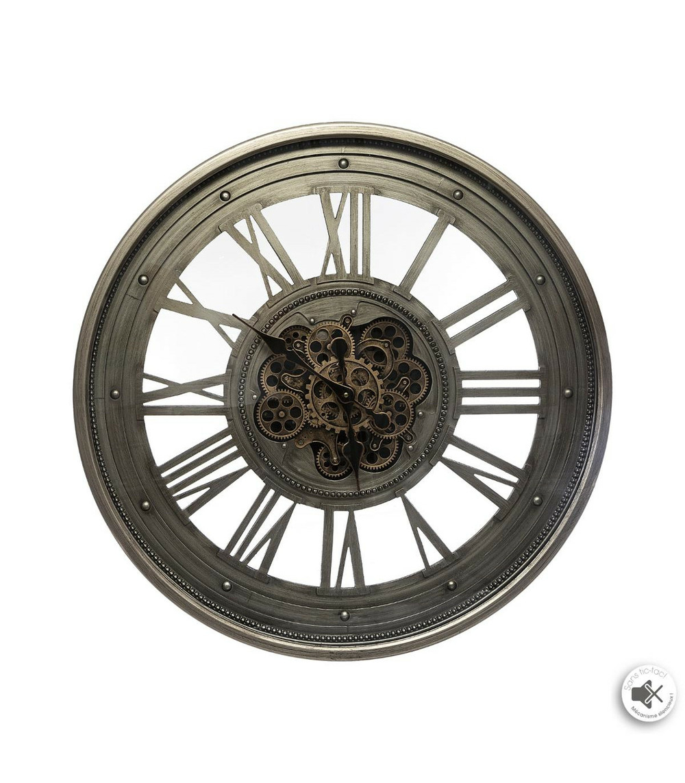Pendule murale mécanisme apparent en métal aspect vieilli d 80 cm