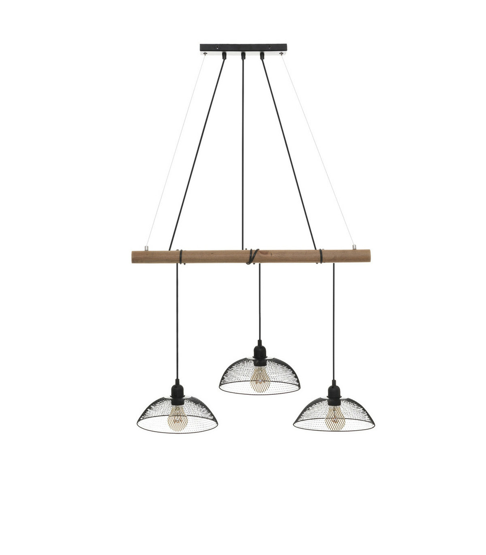 Luminaire suspension 3 lampes en métal noir et bois de pin l 70 cm