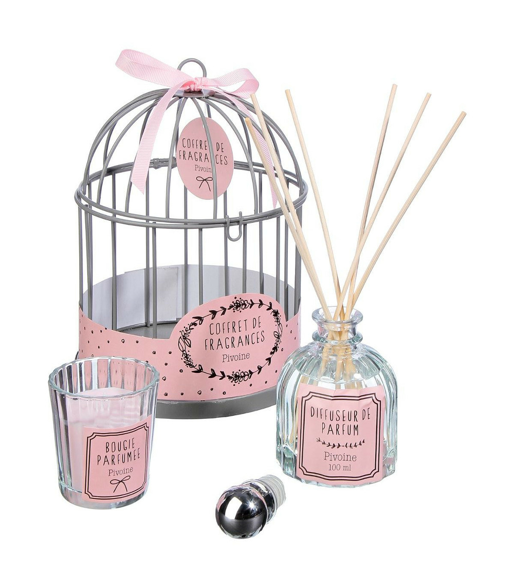 Coffret senteur romance cage en métal , diffuseur de parfum et bougie parfumée