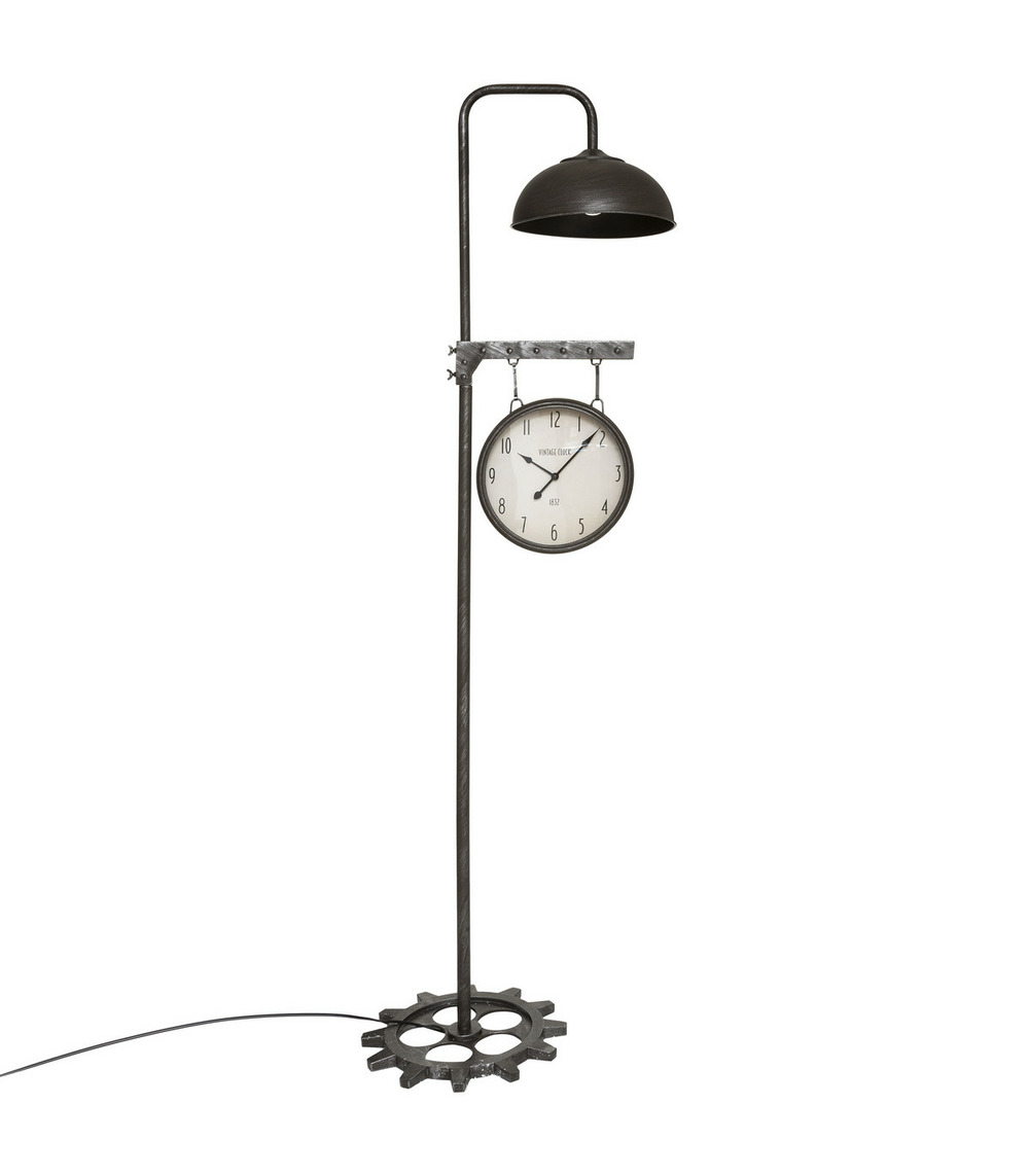 Lampadaire et horloge en métal gris industriel h 188 cm