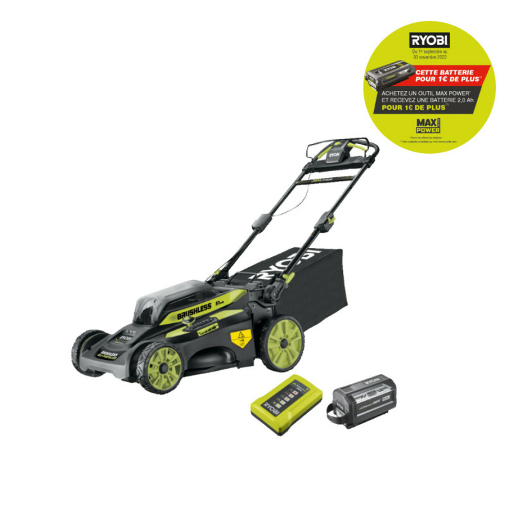 Tondeuse tractée ryobi 36v lithiumplus brushless - coupe 51 cm - 1 batterie 6.0ah - 1 chargeur rapide ry36lmx51a-160