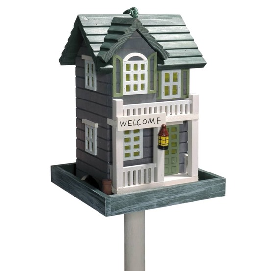 Maison à oiseaux décorative avec support welcome gris blanc vert