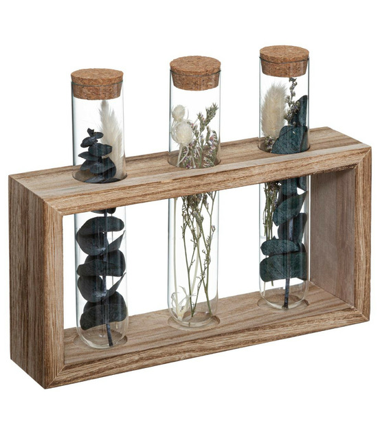 Fleurs séchées dans 3 tubes en verre support en bois l 21 x h 17.2 cm