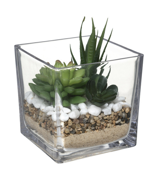 Composition de plantes arificielles pot en verre h 15 cm