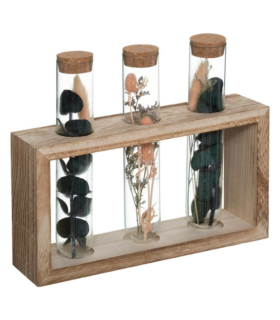 Fleurs séchées dans 3 tubes en verre support en bois l 21 x h 17.2 cm