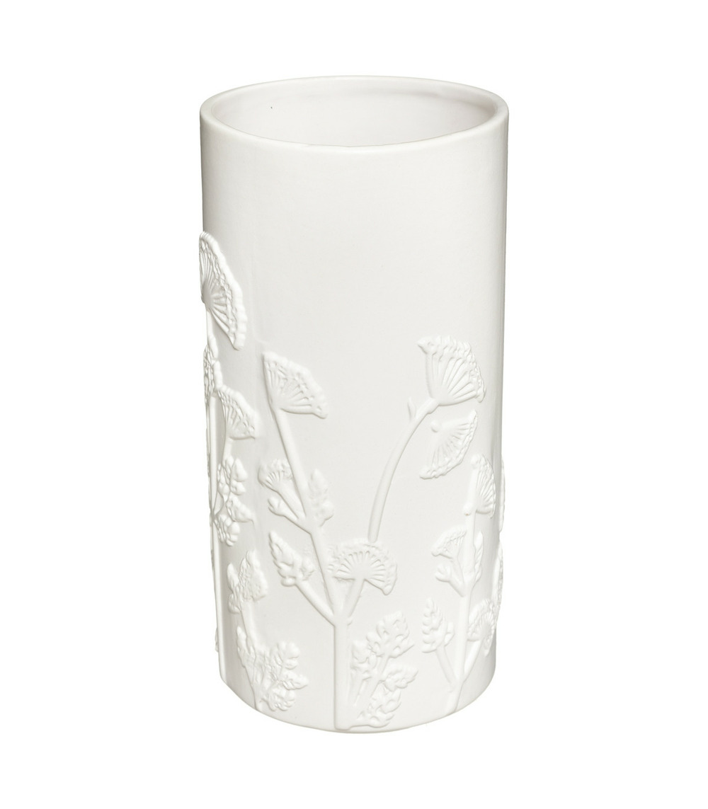 Vase en céramique blanche fleurs en relief d. 12 x h. 25 cm