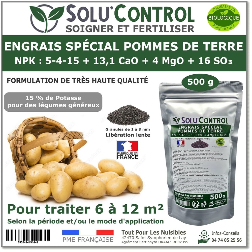 500 g d'engrais spécial pommes de terre et légumes racines 5-4-15 - enrichi en potasse - croissance, grossissement...- uab