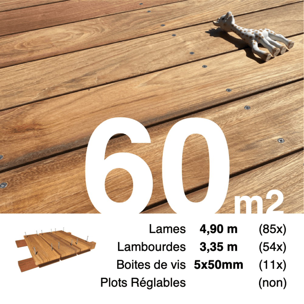 Kit terrasse bois exotique jatoba pour 60 m², lames 4,9 m, lambourdes 3,35 m et visserie inox.