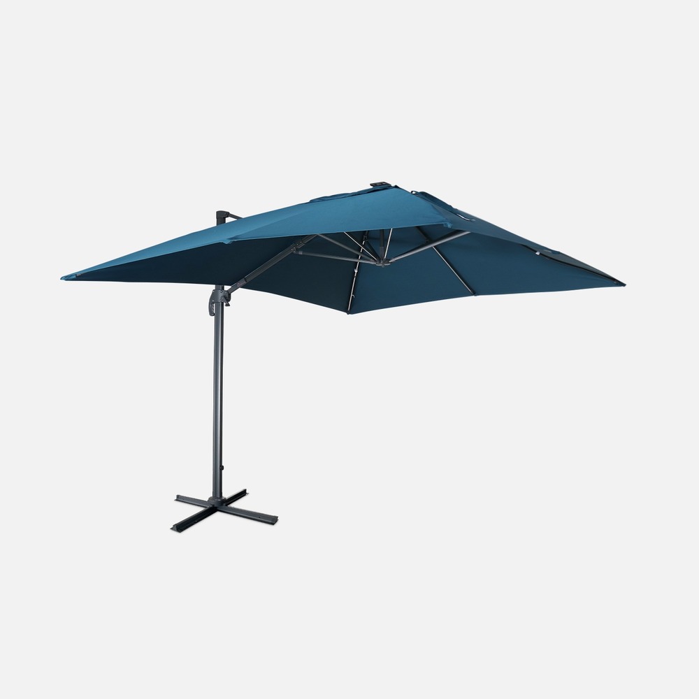 Parasol déporté solaire led rectangulaire 3x4m haut de gamme - luce bleu canard - parasol excentré inclinable. Rabattable et rotatif