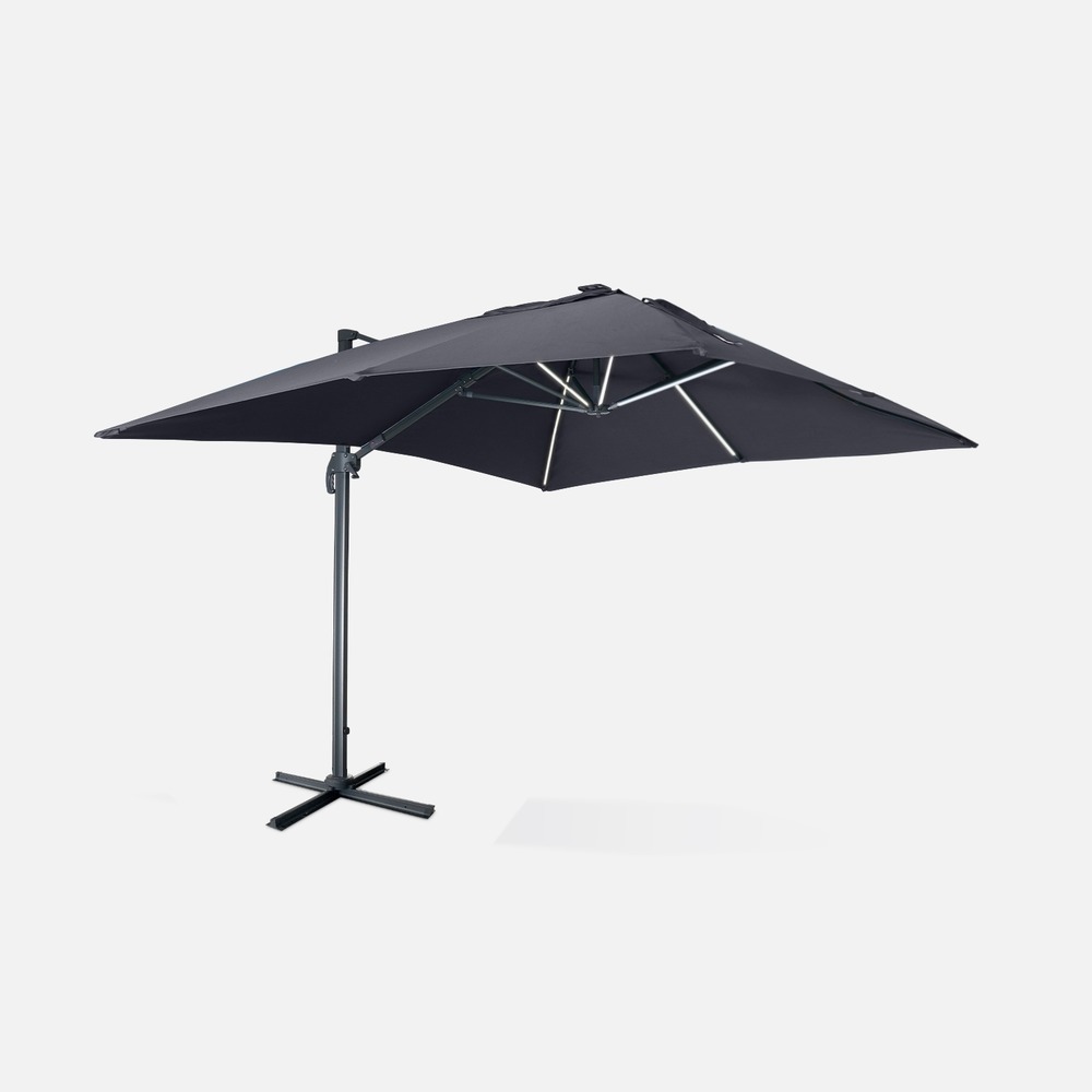 Parasol déporté solaire led rectangulaire 3x4m haut de gamme - luce gris - parasol excentré inclinable. Rabattable et rotatif à