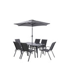 Ensemble table et chaise de jardin, parasol - set de repas 6 personnes sormiou - acier texaline et verre - gris anthracite