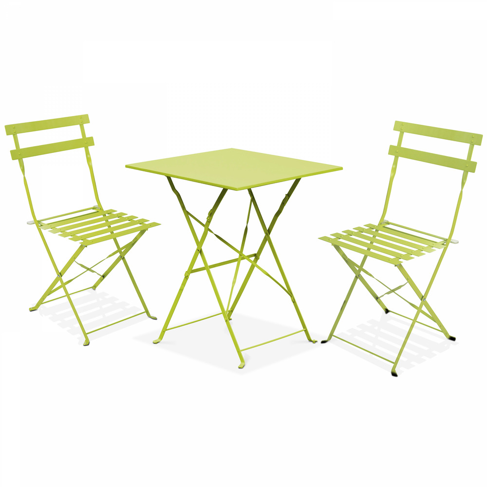 Table de jardin et 2 chaises acier vert