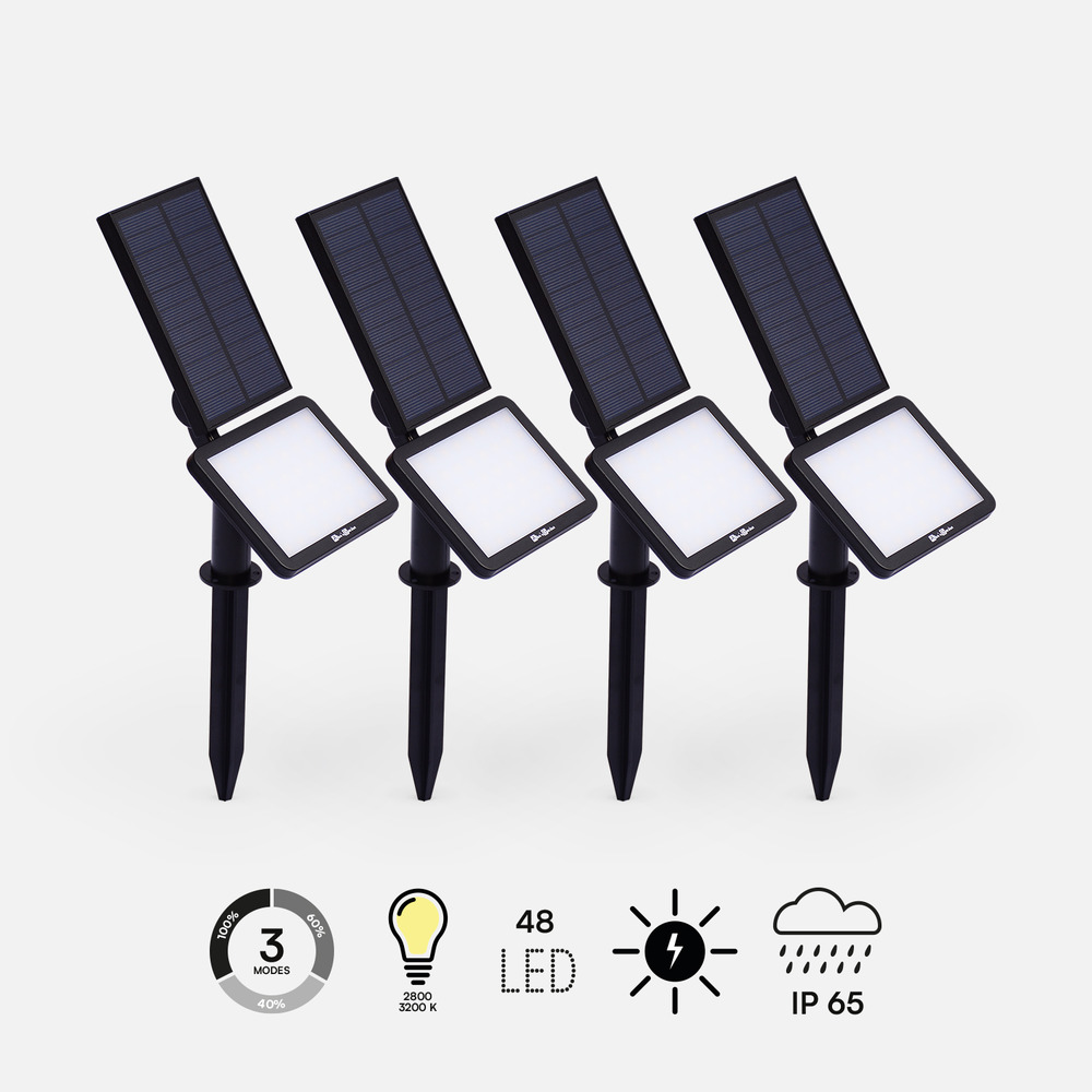 Spots solaires led - lot de 4. Batterie lithium. Blanc chaud. 960 lumens. Luminaire extérieur résistant à l'eau. Projecteur autonome