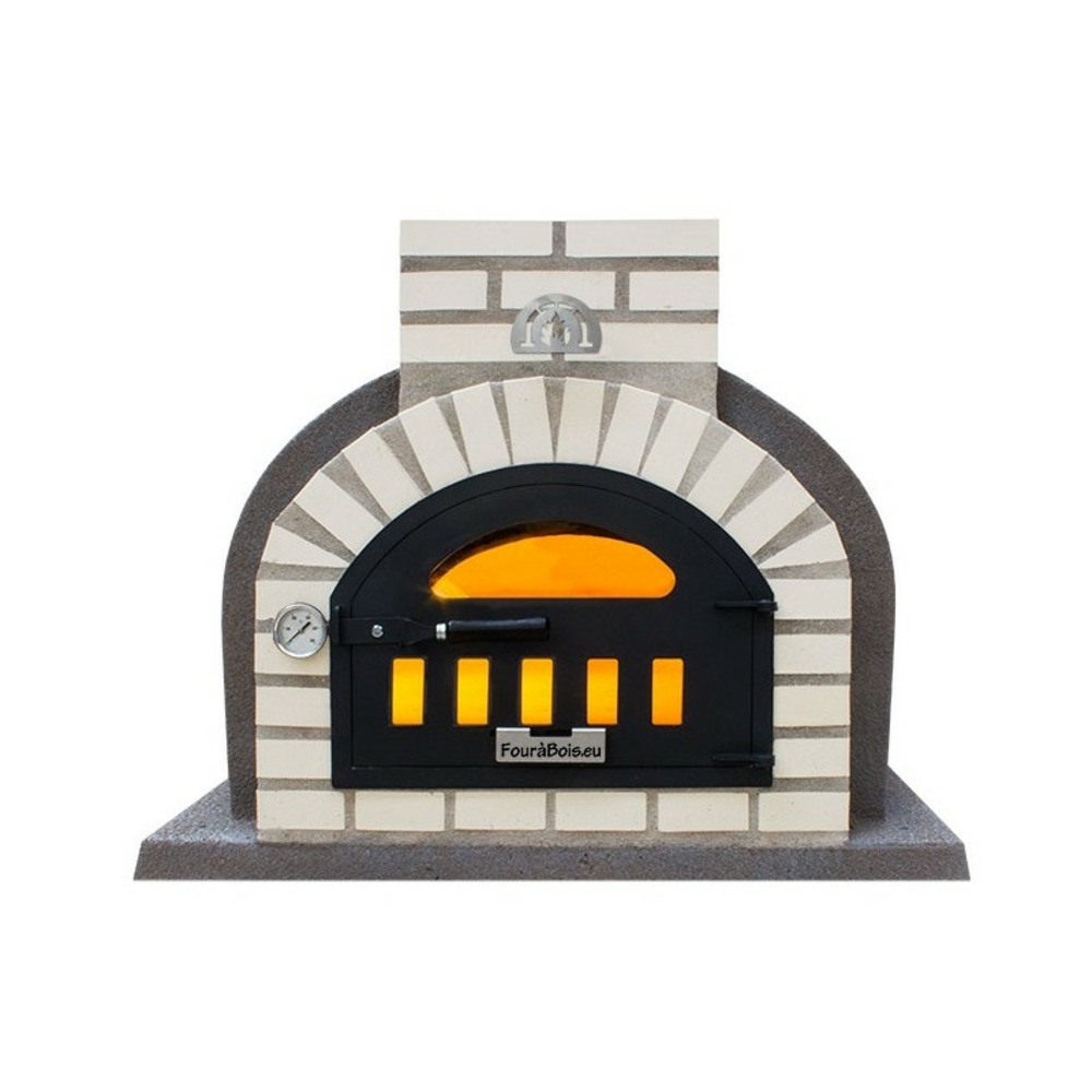 Four à bois terre cuite réfractaire, finition liège projeté gris et brique blanche