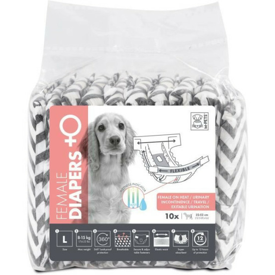 Couches pour chien - - diapers femelle l x10 - tour de taille 32-52 cm - 8-15 kg - indicateur d'humidité - 12h protectio