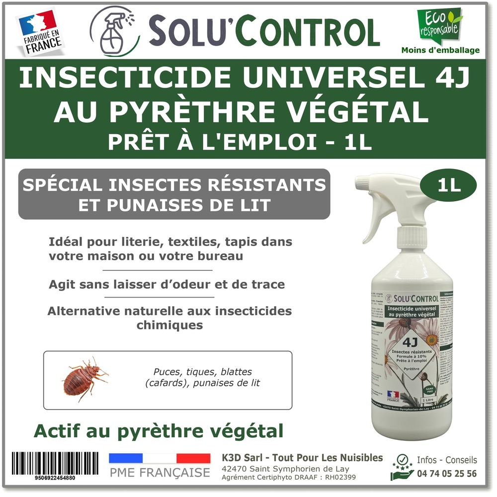 Solu’control anti-insectes universel 4j au pyrèthre végétal – prêt à l’emploi 1l – spécial punaises de lit & insectes résistants