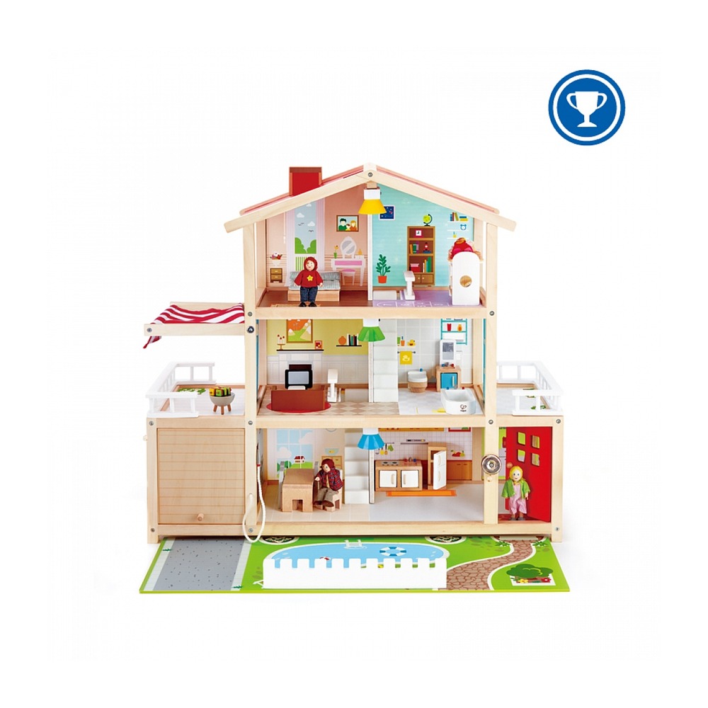 Hape maison de poupées en bois avec accessoires - villa familiale de 10 pièces pour enfants