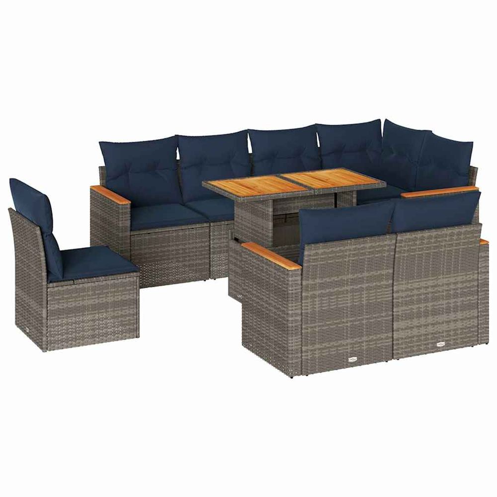 Salon de jardin 9 pcs avec coussins gris résine tressée