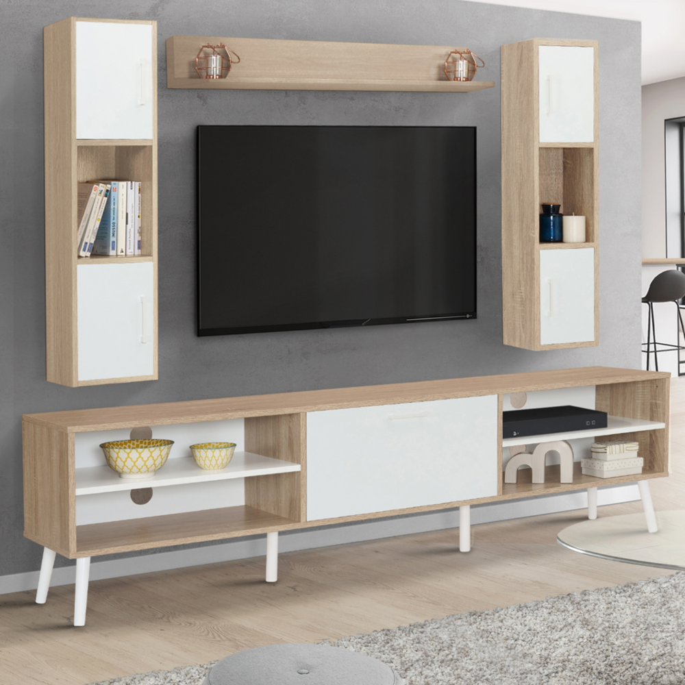 Ensemble meuble tv 180 cm et étagères houston bois et blanc
