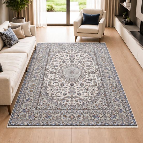 Tapis d'orient 196 x 297 cm, bleu, crème et beige, noué en laine, kashan 5