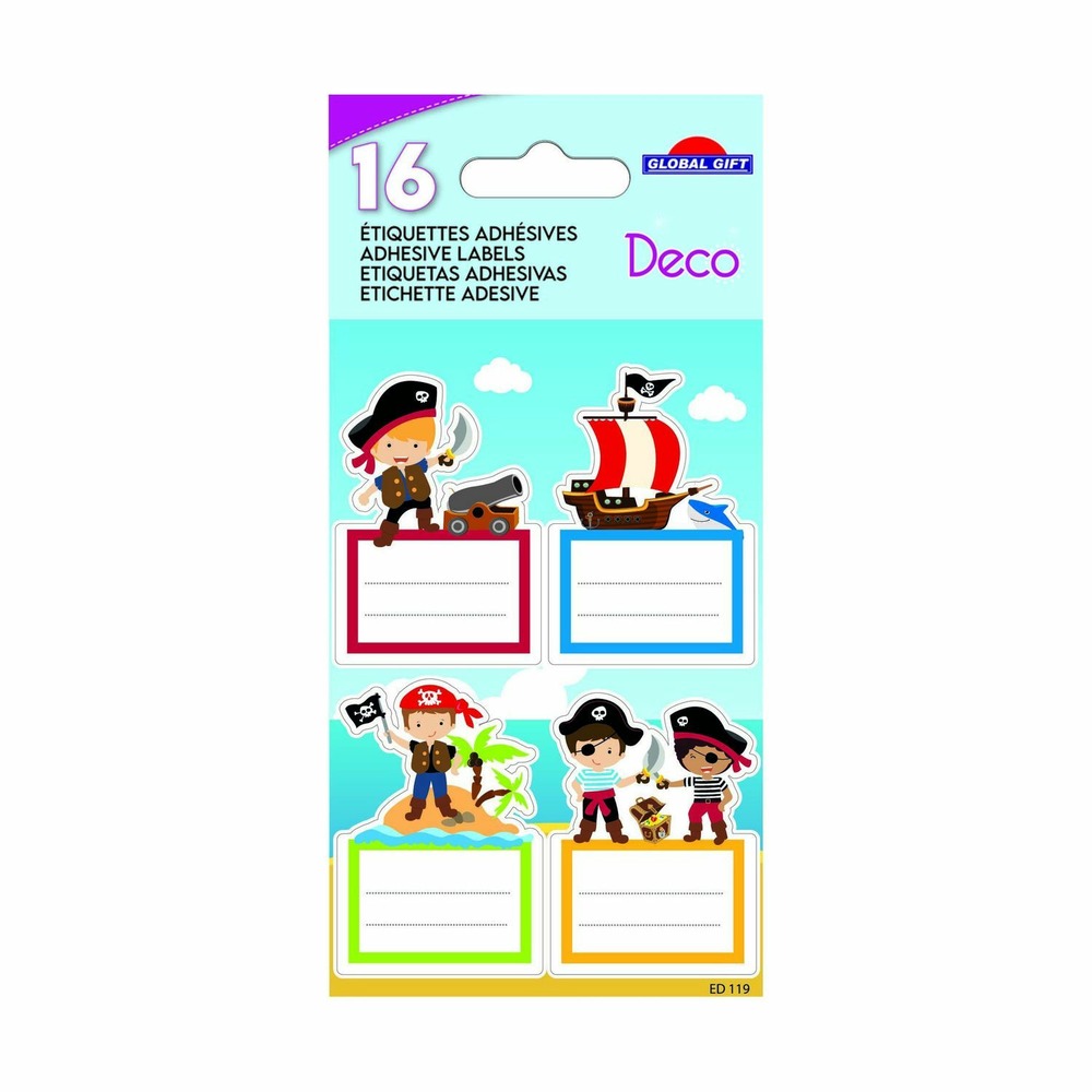 16 étiquettes adhésives scolaires - rectangle - pirates - dorures