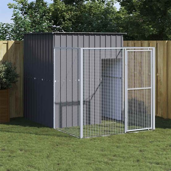 Chenil pour chien avec enclos grillagé acier galvanisé anthracite
