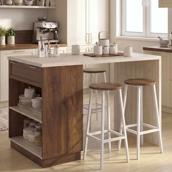 Ilot central mange-debout 4 personnes vito 130 cm bois noyer et plateau effet travertin