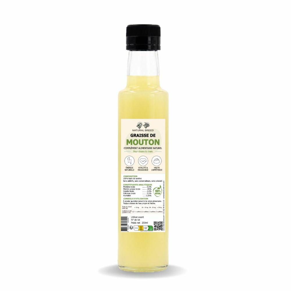 Complément alimentaire à la graisse de mouton pour chien et chat – topper naturel appétence et énergie – 250 ml