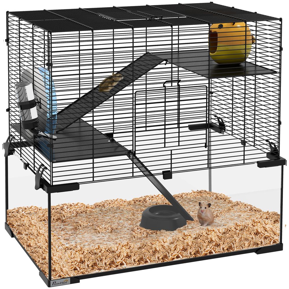 Cage hamster 3 niveaux acier pour rongeurs avec rampe et accessoires 60x40x55cm noir