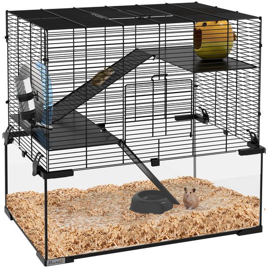 Cage hamster 3 niveaux acier pour rongeurs avec rampe et accessoires 60x40x55cm noir