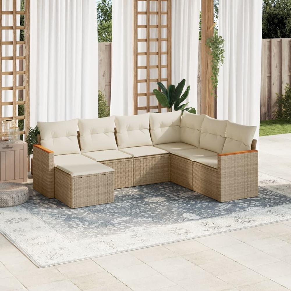 Salon de jardin avec coussins 7 pcs beige résine tressée