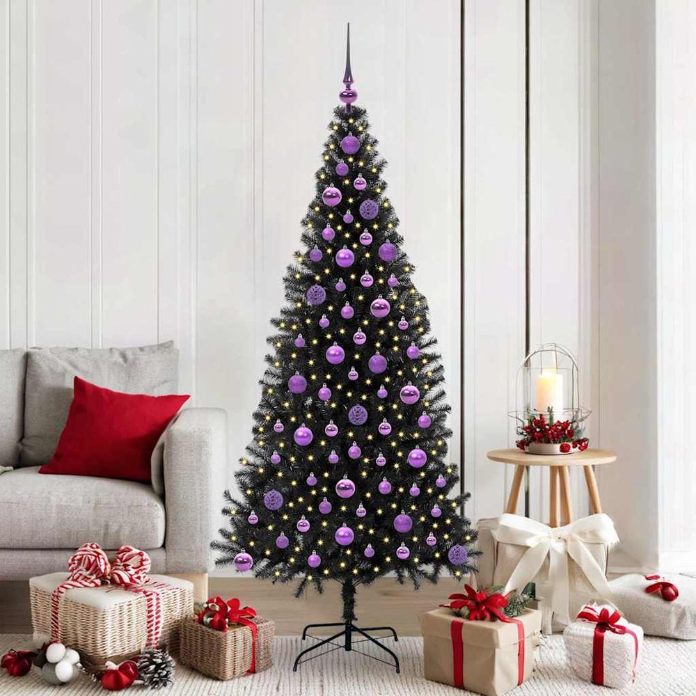 Grand sapin de noël artificiel 180 cm noir, décoré avec 120 boules et guirlande led