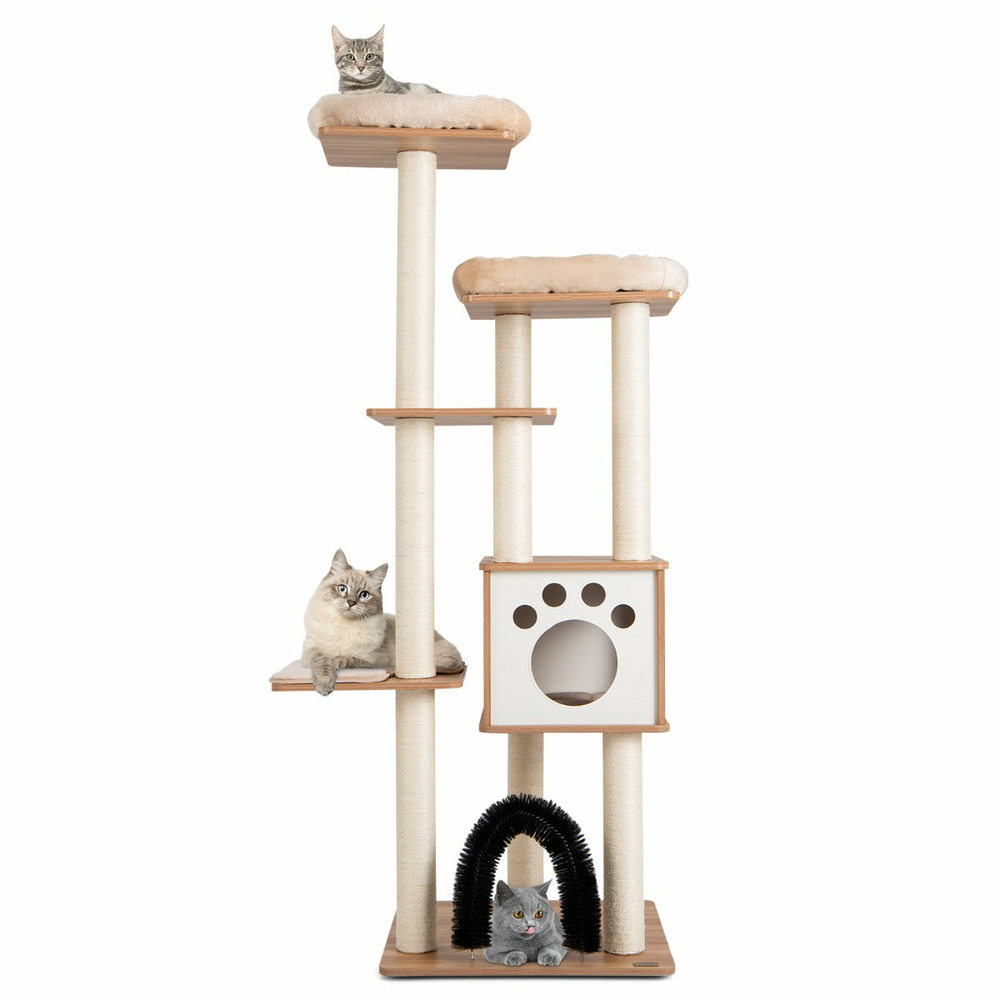 Arbre à chat 175cm à 6 niveaux avec niche et coussin amovible grande tour de jeu pour chat avec poteaux en sisal beige 20_000