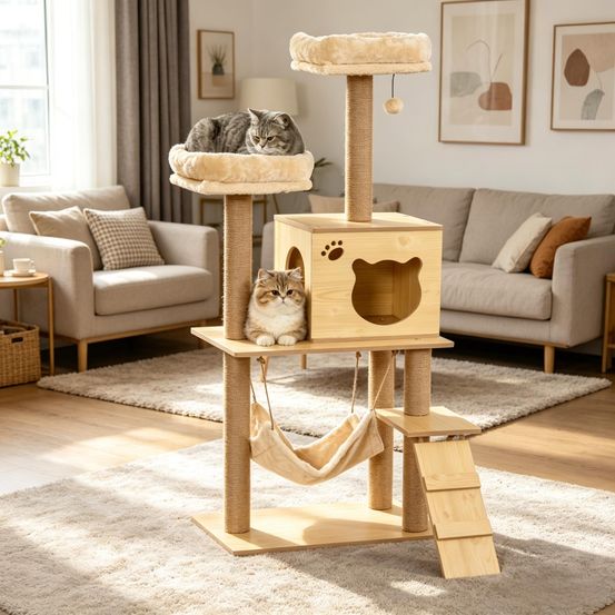 Arbre à chat multi-niveaux bois sisal pour chats d'intérieur centre d'activités 130cm beige