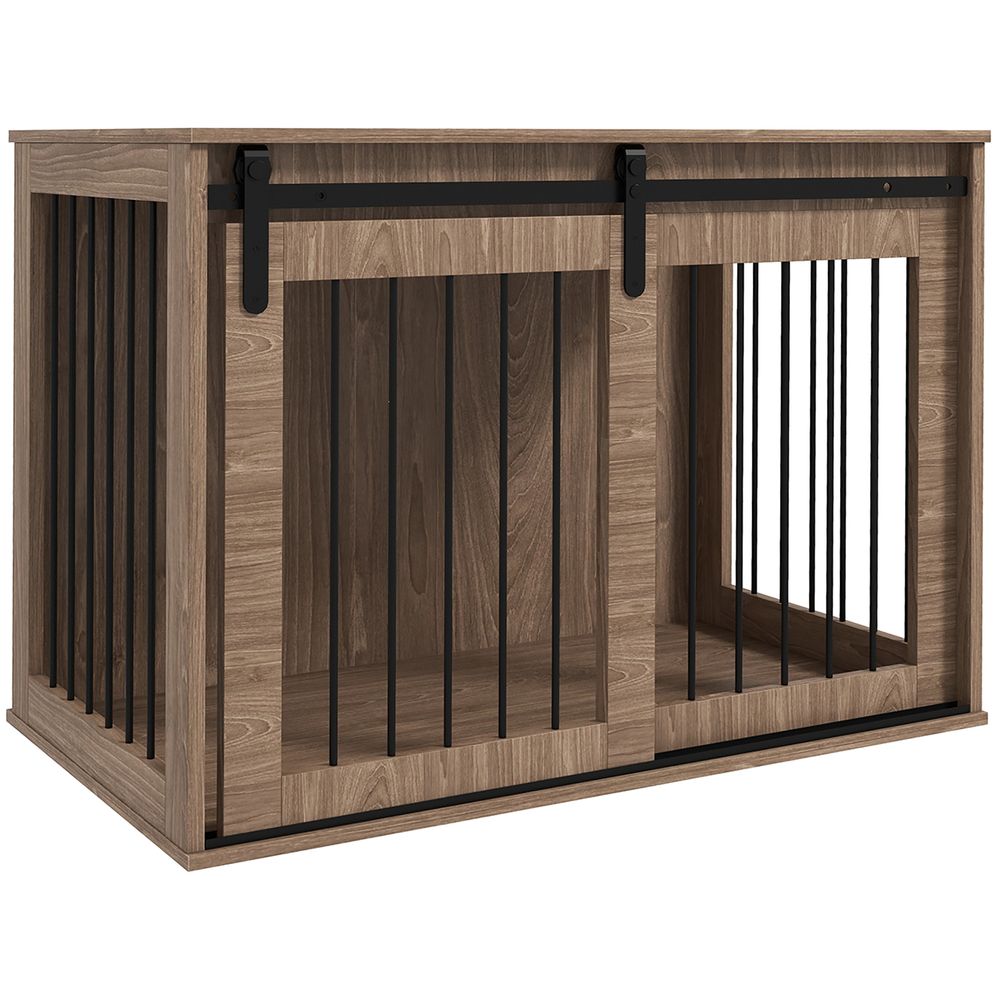 Meuble cage pour chien bois et acier 98 x 58 x 61 cm noyer noir porte coulissante - comfortxl outdoor living
