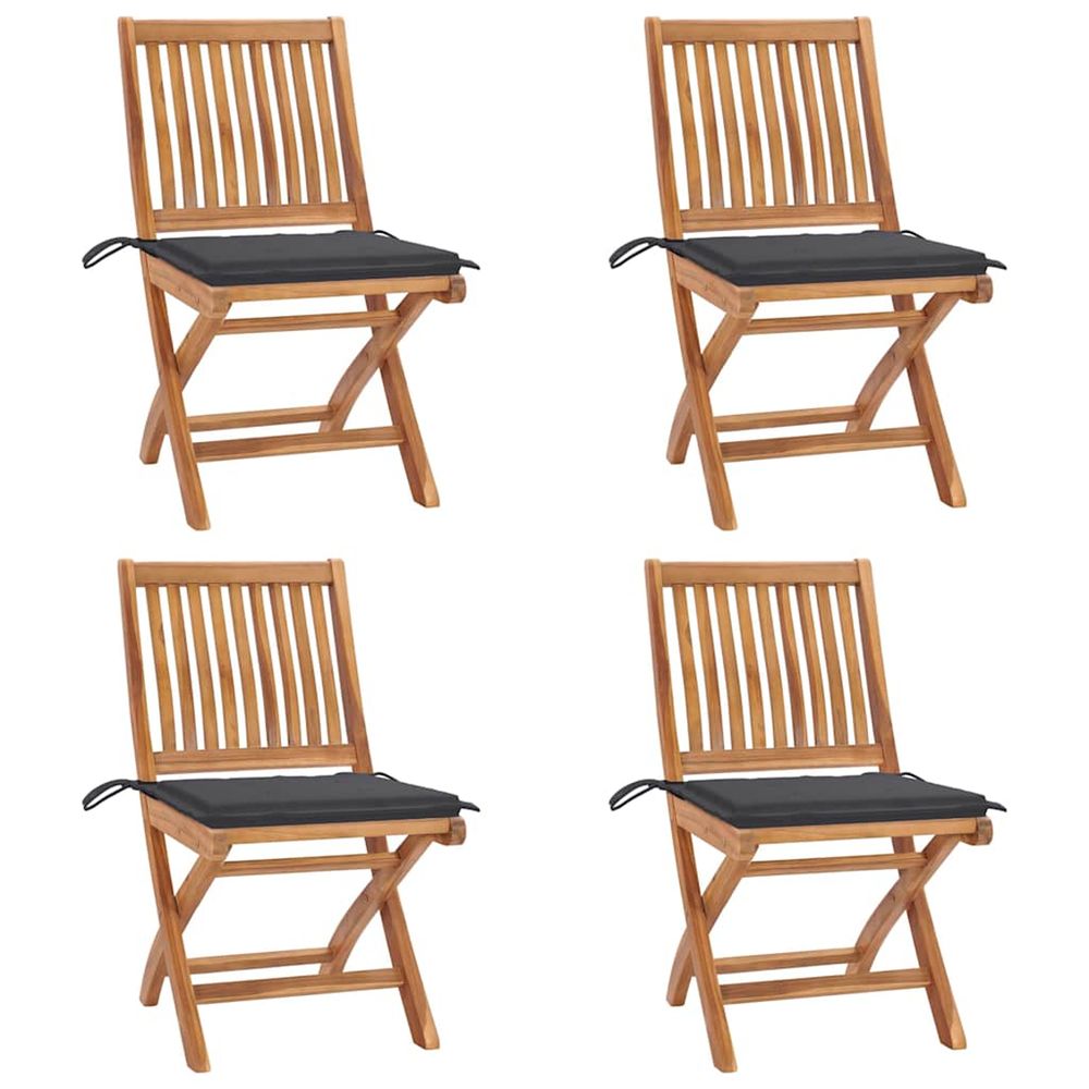 Chaises pliantes avec coussins, 4 pièces, en teck massif