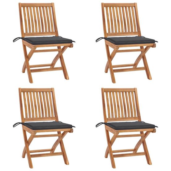 Chaises pliantes avec coussins, 4 pièces, en teck massif