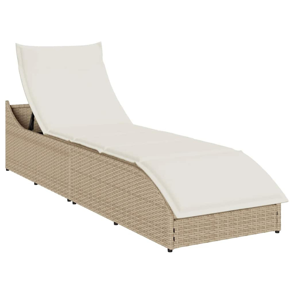 Chaise longue pliante coussin et rangement beige résine tressée bain de soleil