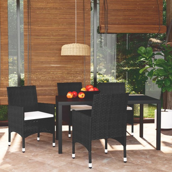 Ensemble à dîner de jardin avec coussins 5 pcs poly rotin noir