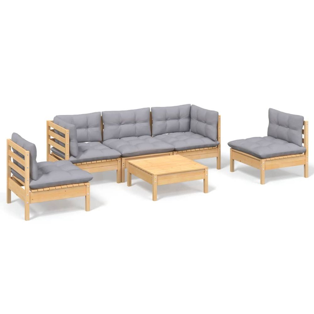Salon de jardin 6 pcs avec coussins gris bois de pin massif