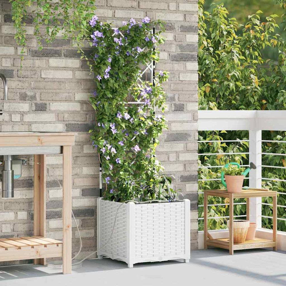 Grand pot de fleurs design acier avec système d'arrosage extérieur blanc 40x40x142 cm