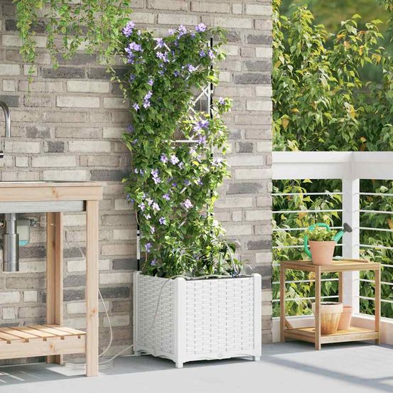 Grand pot de fleurs design acier avec système d'arrosage extérieur blanc 40x40x142 cm