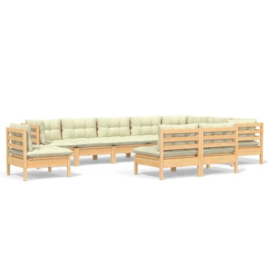 Salon de jardin 10 pcs avec coussins crème bois de pin massif