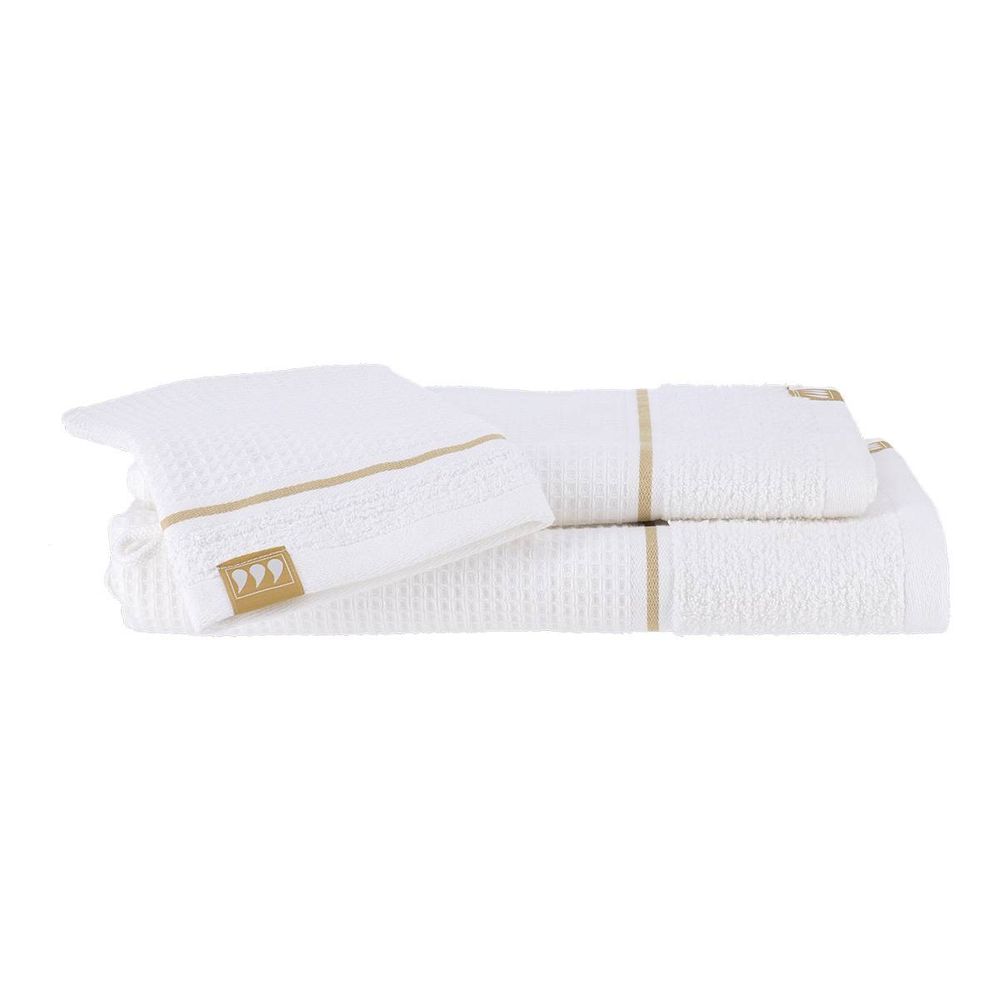 Set de 3 pieces 100% coton nid d abeille 1 gant/1 serviette 50x90 cm/1 serviette 70x130 cm - blanc/or